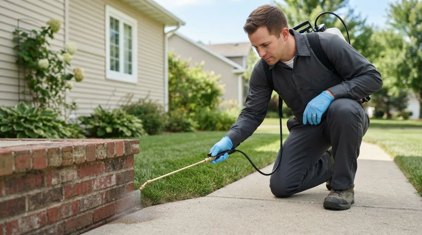 Pest control technician treating a home near Rogersville, AL